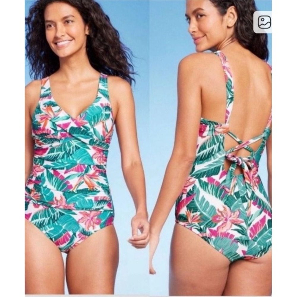 NWT Kona Sol Women SZ XL 16 full coverage tummy control tropical print swim vaca